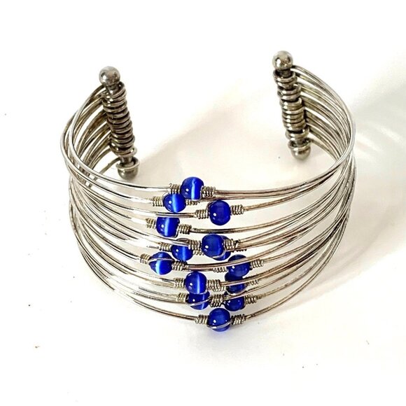 Vintage Multi-Layer Multi-Beads Blue Cat Eye Wrapped Wire Cuff Bracelet - Picture 1 of 8